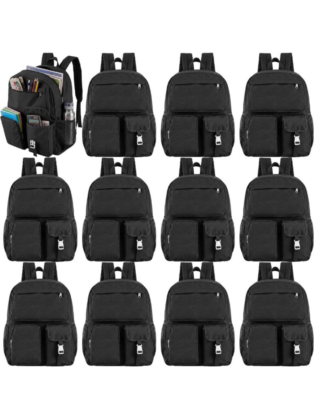 12 Pack 17in Kids Backpacks - Multi Pocket Bookbags for School, Bulk Set (Black)